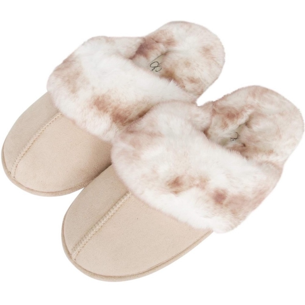 Jessica Simpson Slippers Fuzzy Plush Memory foam Beige Suede Size 6/7 NWT - Picture 2 of 4